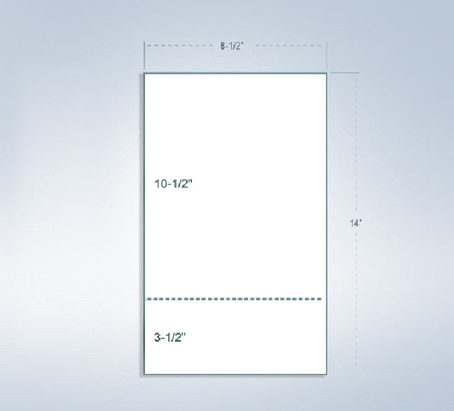 8-1/2 x 14" 20# Laser cut sheet, 1 Horizontal perf at 3-1/2" from bottom, White