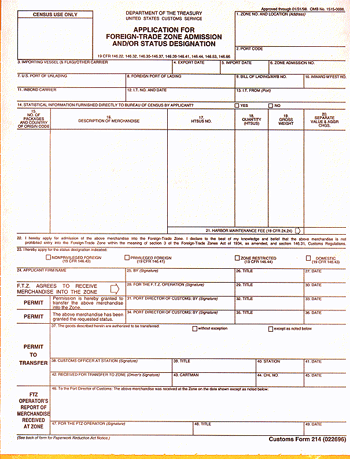 6 Part Continuous Application for Foreign Trade Zone Admission
