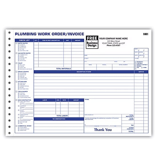 HVAC Plumbing Work Order, Horizontal, Form and invoice