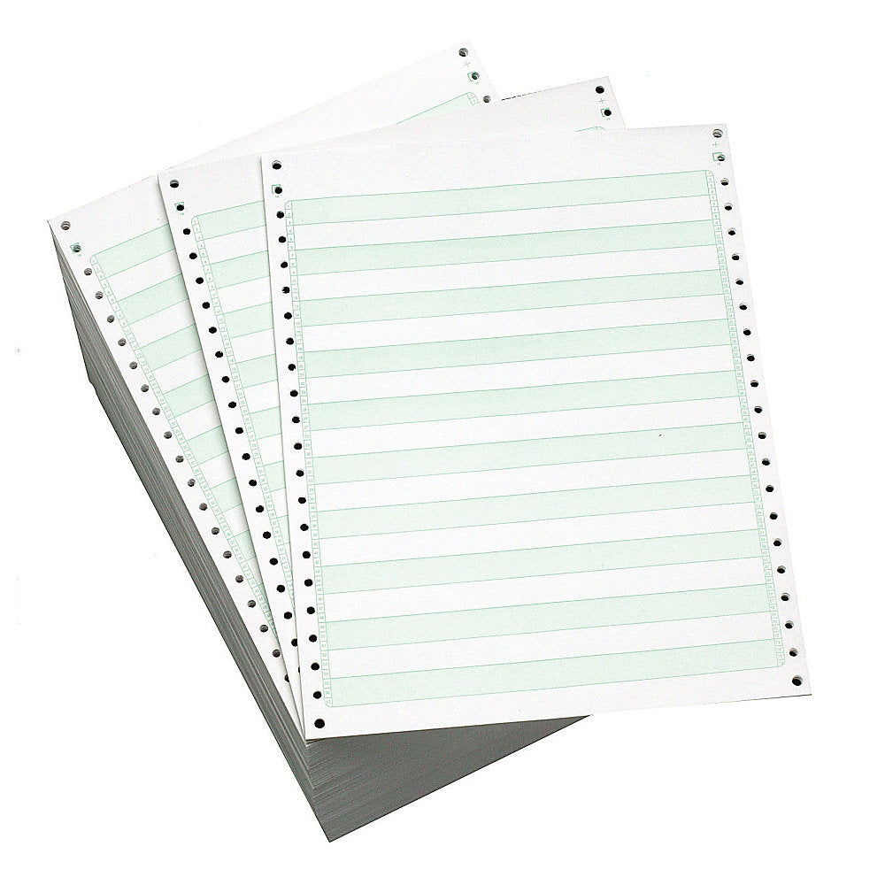 9-1/2 x 11" Continuous Paper 15# 1/2" Green Bar, 1 Part, Side Perfs