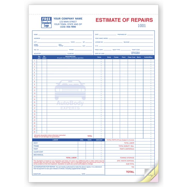 Repair Estimates, 8 1/2 X 11"