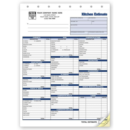Kitchen Estimates, 8 1/2 X 11"
