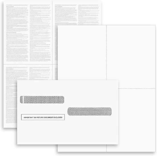 W-2 and 1099-R Forms Blank Paper 4-Up Version "Instructions on Back" for Laser and Ink Jet Printer (100 Forms & Self Seal Envelopes)