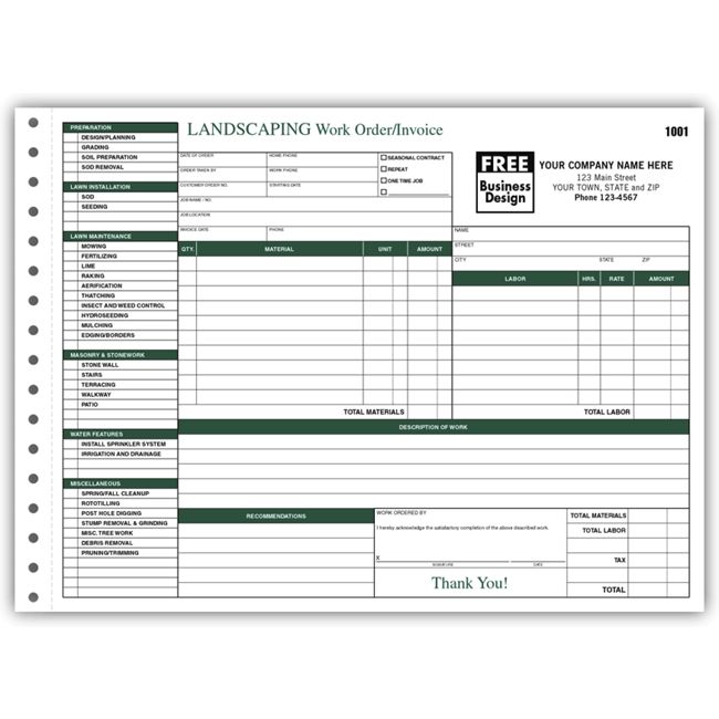 Landscaping Work Order / Invoice, 11 X 8 1/2"