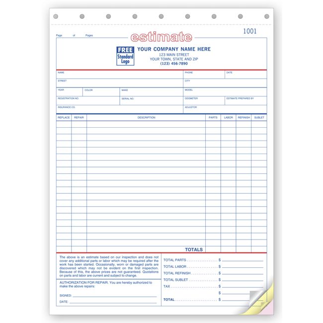 Auto Repair Estimates, 8 1/2 X 11"