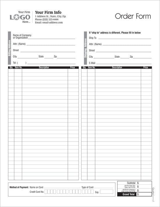 Order Entry Form, space for credit card info.,Style # 1