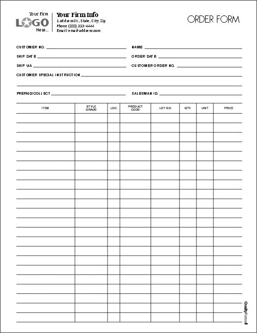 Multi Purpose Order Entry Form, Style #3
