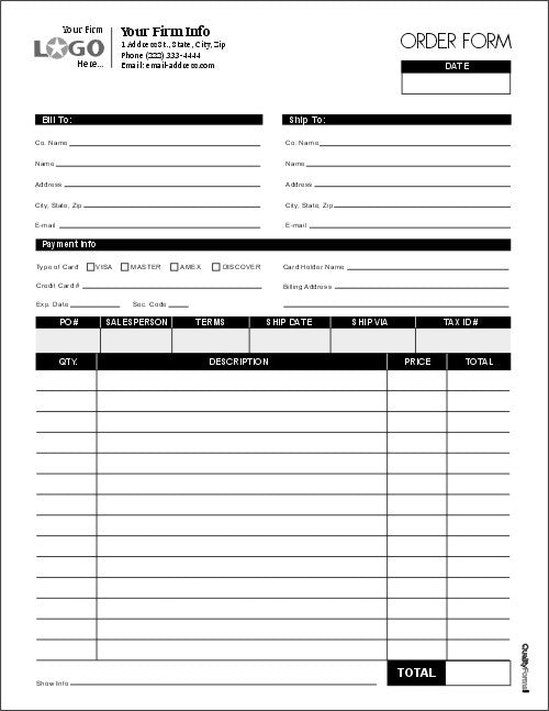 Order Entry Form,With space for credit card info., Style # 2