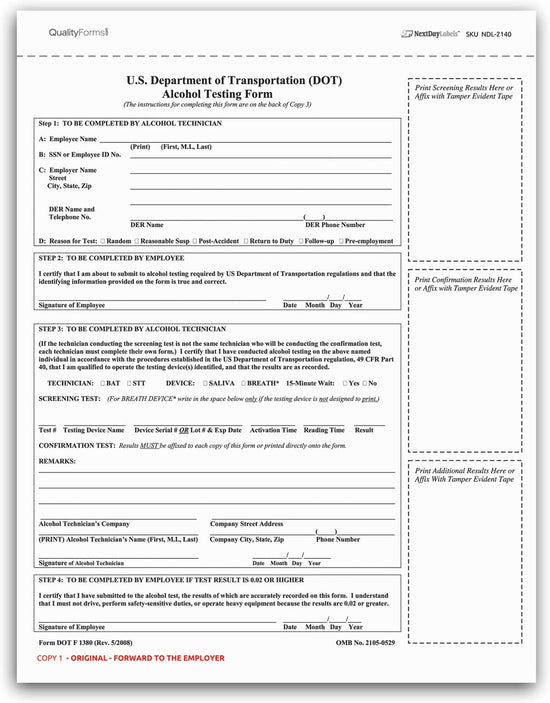 Pack of 100 Sets 3 Part Department of Transportation (DOT) Alcohol Testing Form