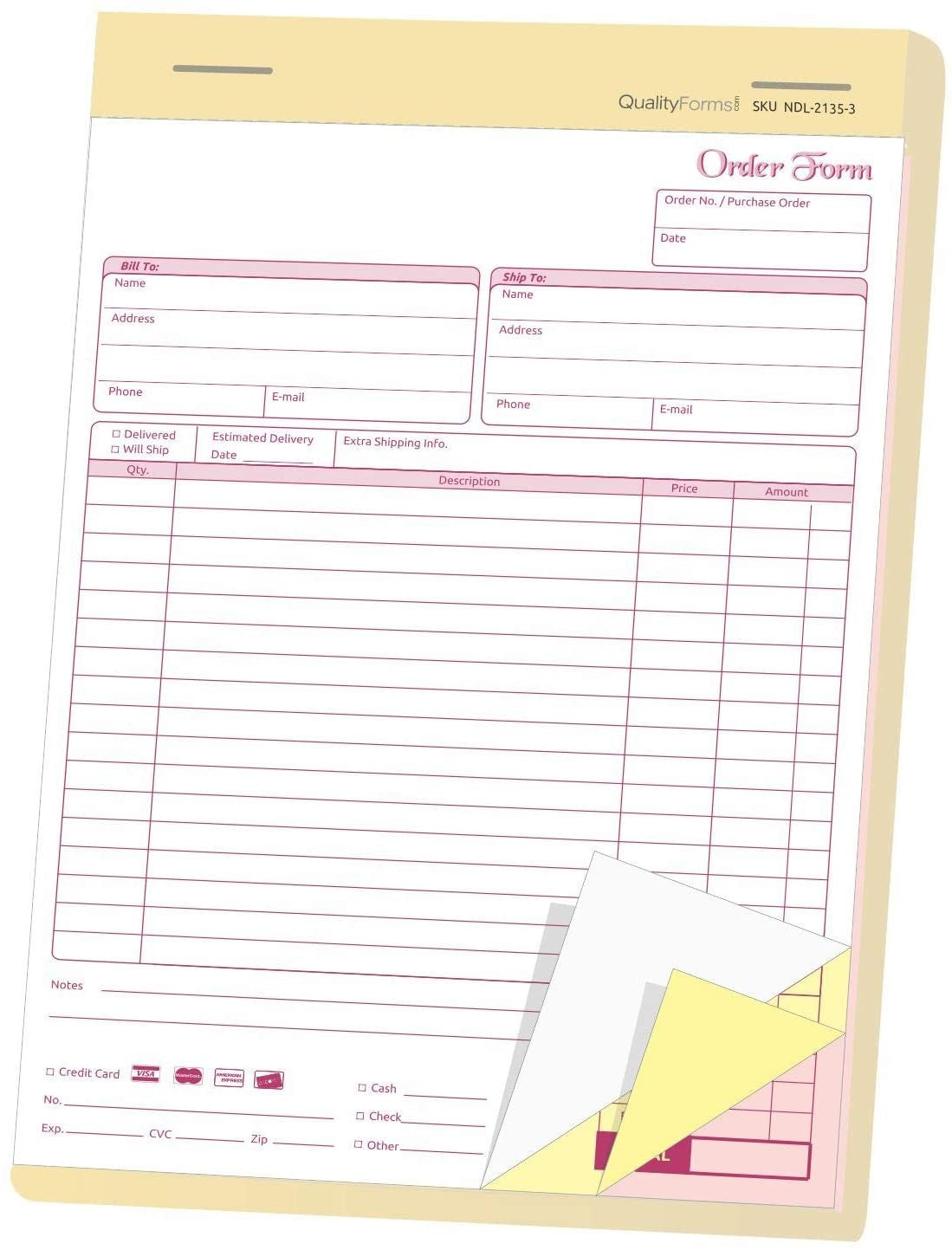 8-1/2 x 11" Order Forms, 3 Part Carbonless, White, Canary & Pink
