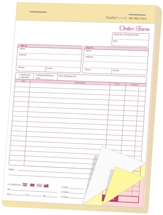 8-1/2 x 11" Order Forms, 3 Part Carbonless, White, Canary & Pink