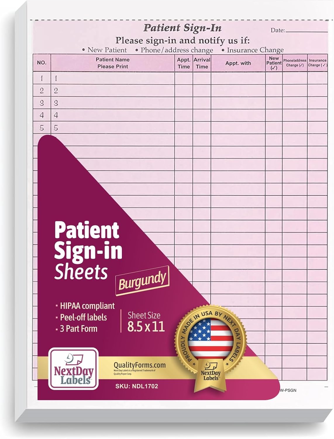 8-1/2 x 11" Patient Sign In Form, 2-Part NCR Carbonless, Burgundy