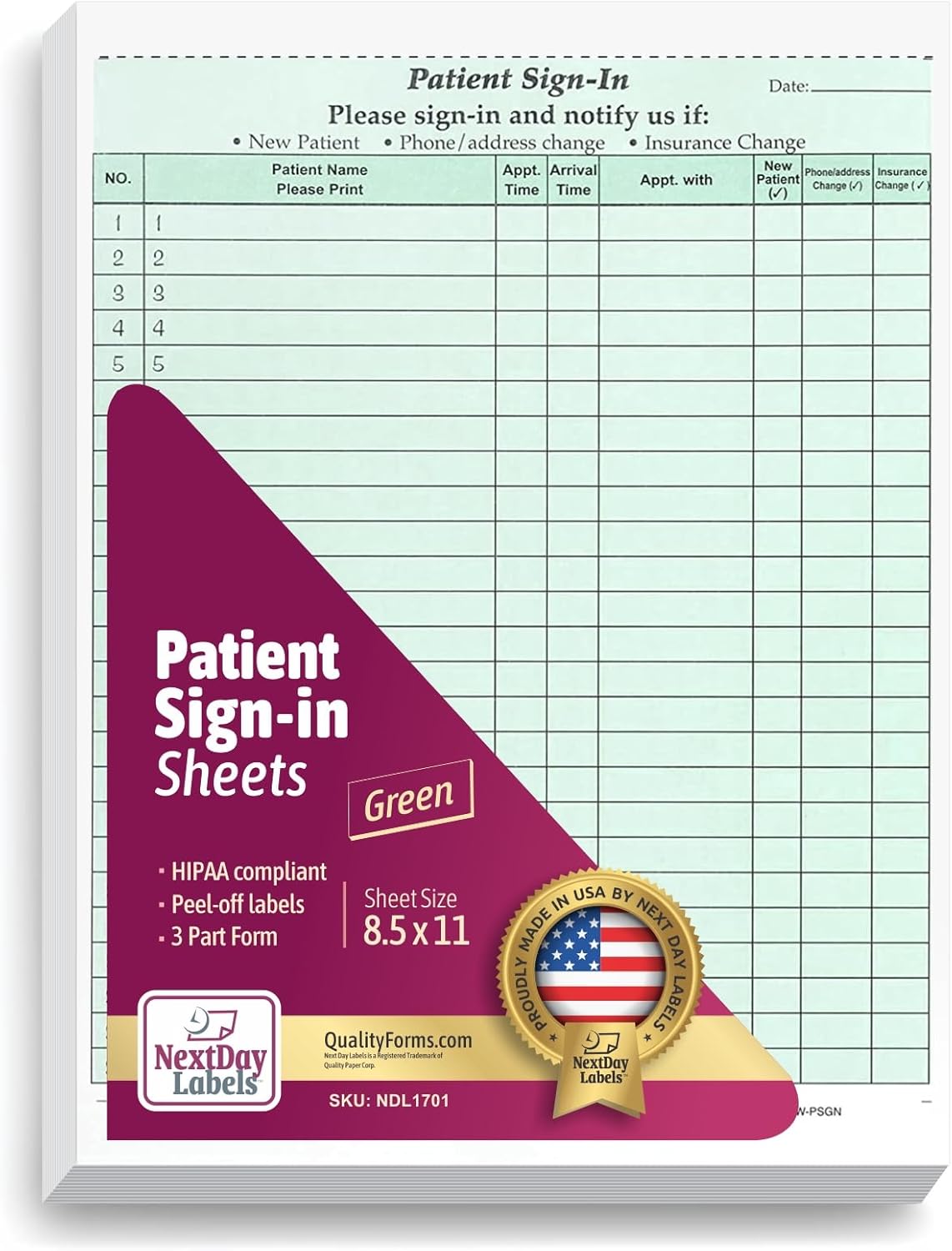 8-1/2 x 11" Patient Sign In Form, 2-Part NCR Carbonless, Green