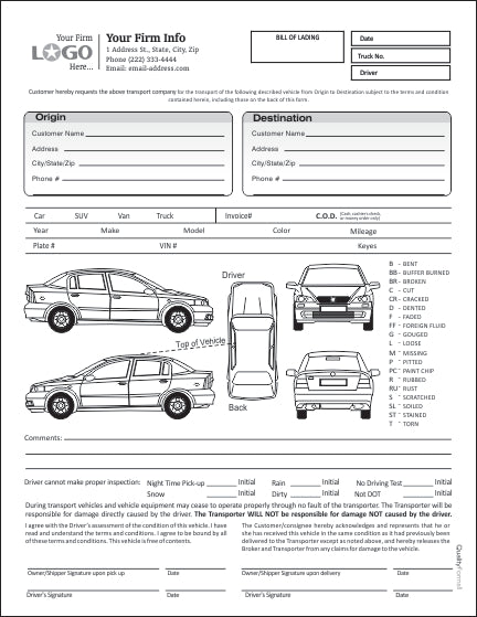 Auto Transport Bill of Lading with 1 Car, Style #1