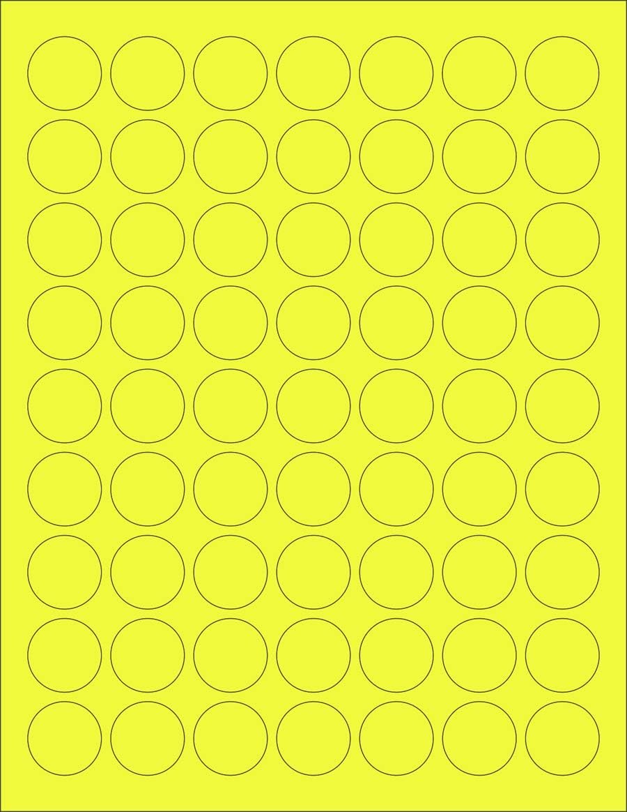 8-1/2" x 11" Fluorescent Yellow Labels, 63 Labels per Sheet, 1" Round