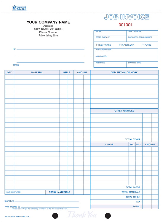 8-1/2 x 11'' Job Invoice 500 sets per book 3/4 part carbonless