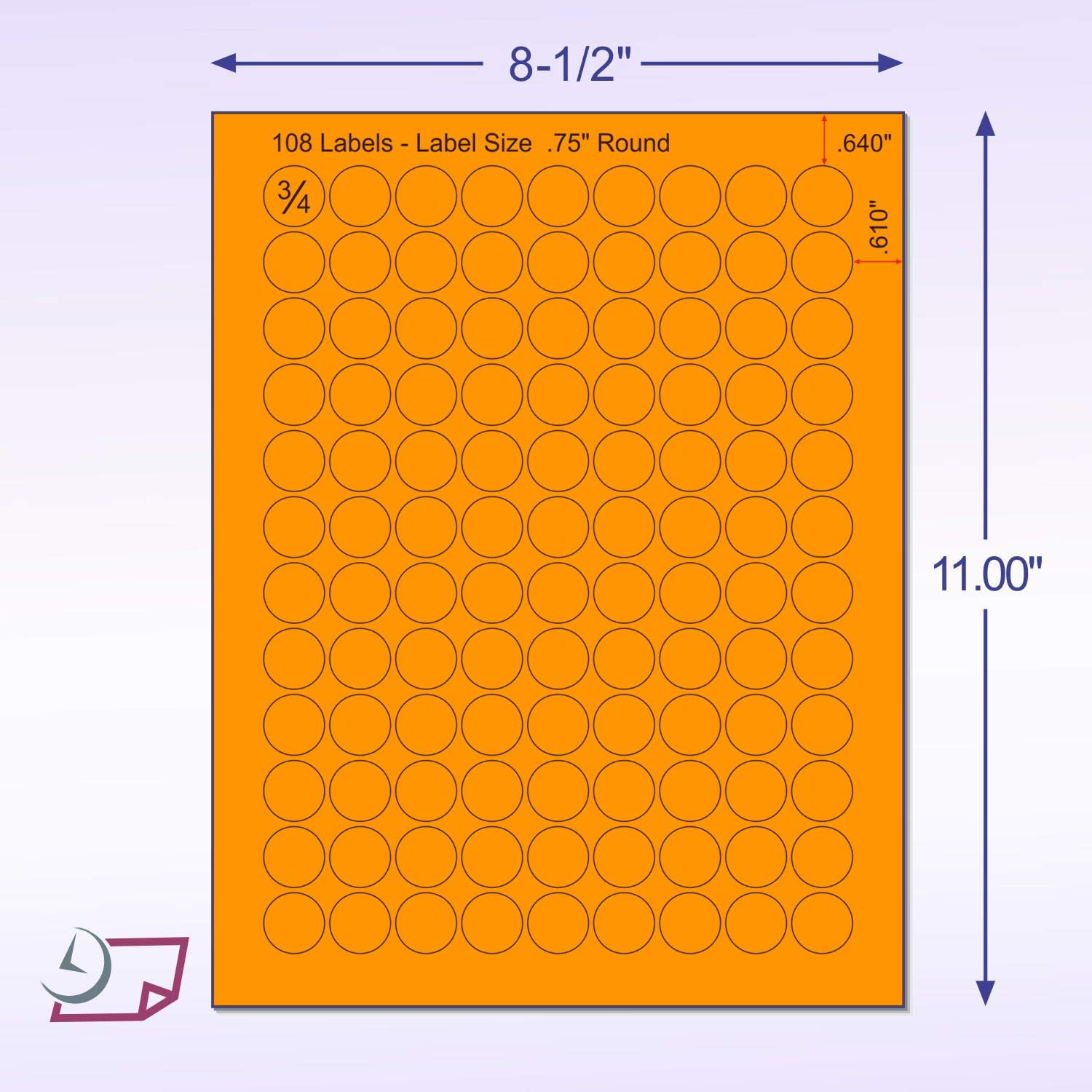 8-1/2" x 11" Orange Fluorescent 108 Labels per Sheet 3/4" Round