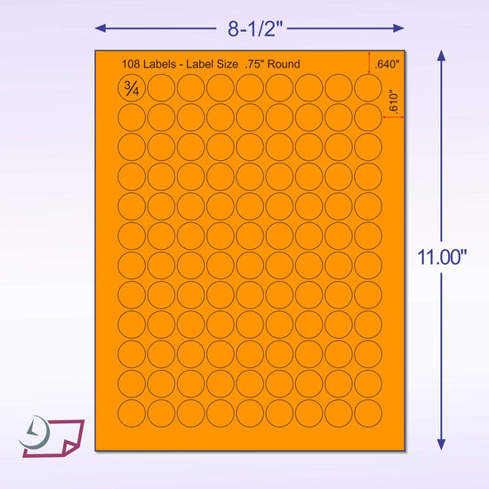 8-1/2" x 11" Orange Fluorescent 108 Labels per Sheet 3/4" Round