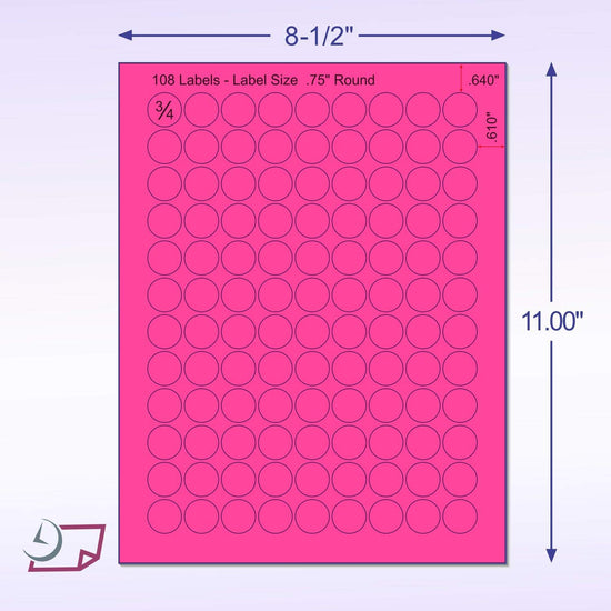 8-1/2" x 11" Pink Fluorescent 108 Labels per Sheet 3/4" Round