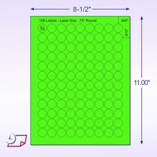 8-1/2" x 11" Green Fluorescent 108 Labels per Sheet 3/4" Round