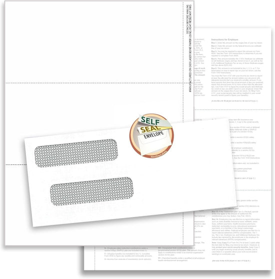 2025 3-Up W-2 Tax Forms (100 Sheets & Self Seal Envelopes) for Laser or Inkjet, Instructions Printed on The Back.