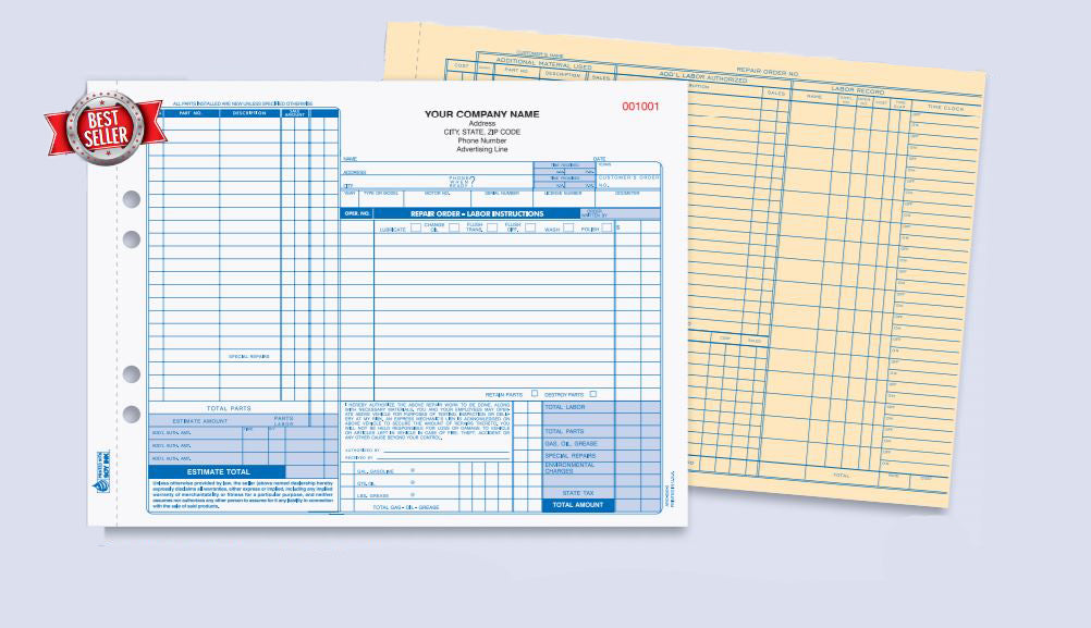 Auto Repair Order Form, 11" x 8½"