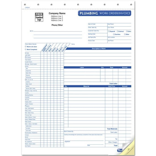 HVAC Plumbing Work Order, Form and invoice