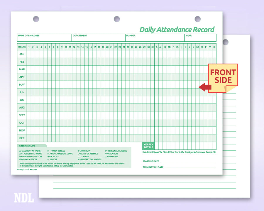Employee Attendance Records Forms, 11 X 8 1/2"