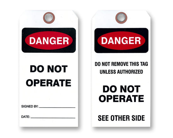Danger Do Not Operate Tags, White Vinyl. Two Sided