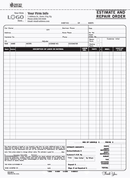 8 1/2" x 11", Estimate & Repair Order
