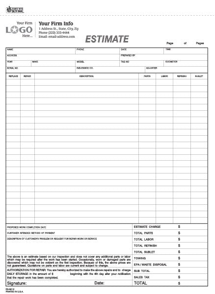8 1/2" x 11", Estimate Form