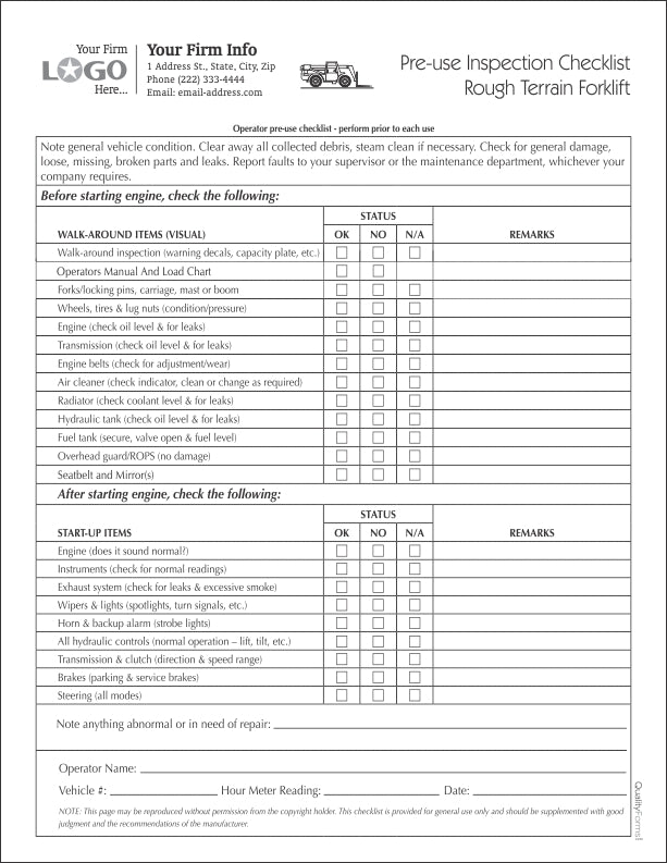 Forklift saftey Inspection Checklist Form