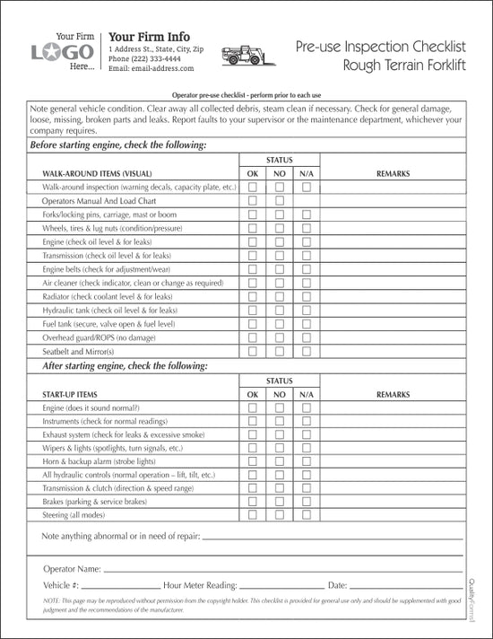 Forklift saftey Inspection Checklist Form