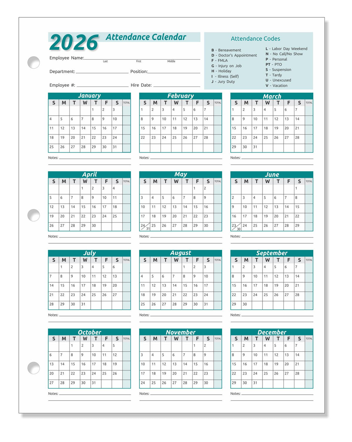 Work Tracker Attendance Calendar Cards 8 ½ X 11