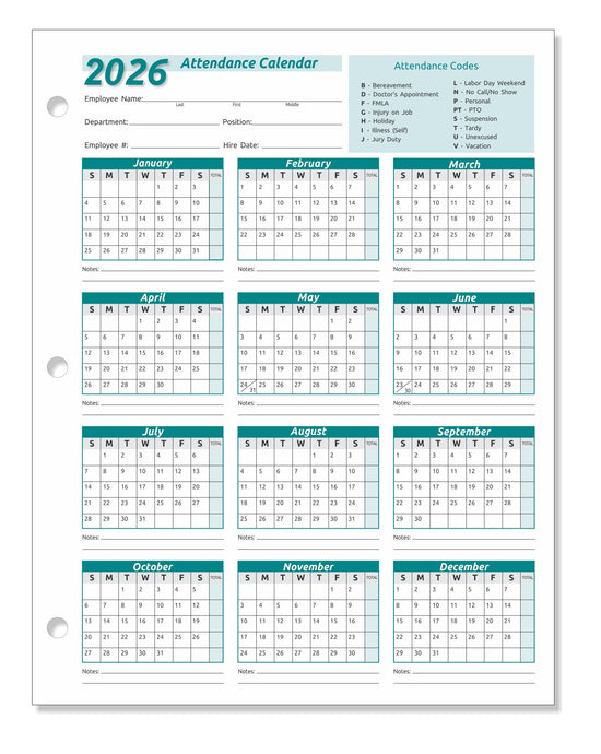 Work Tracker Attendance Calendar Cards 8 ½ X 11