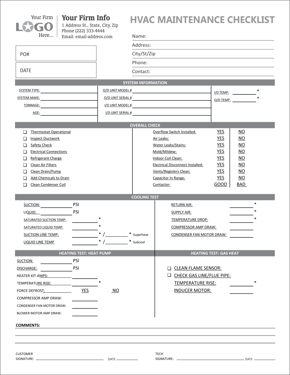 HVAC Maintenance Checklist Imprinted