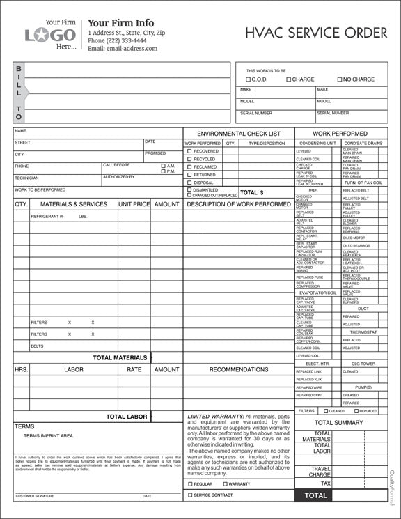 HVAC Work Order Form and invoice – Quality Forms