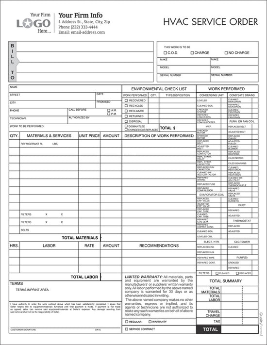 HVAC Service Work Order Form, Imprinted
