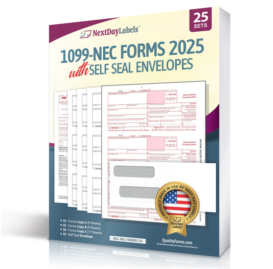 "New" 1099-NEC Forms for 2025, 4-Part Tax Forms, vendor kit of 25 Forms & Envelopes.
