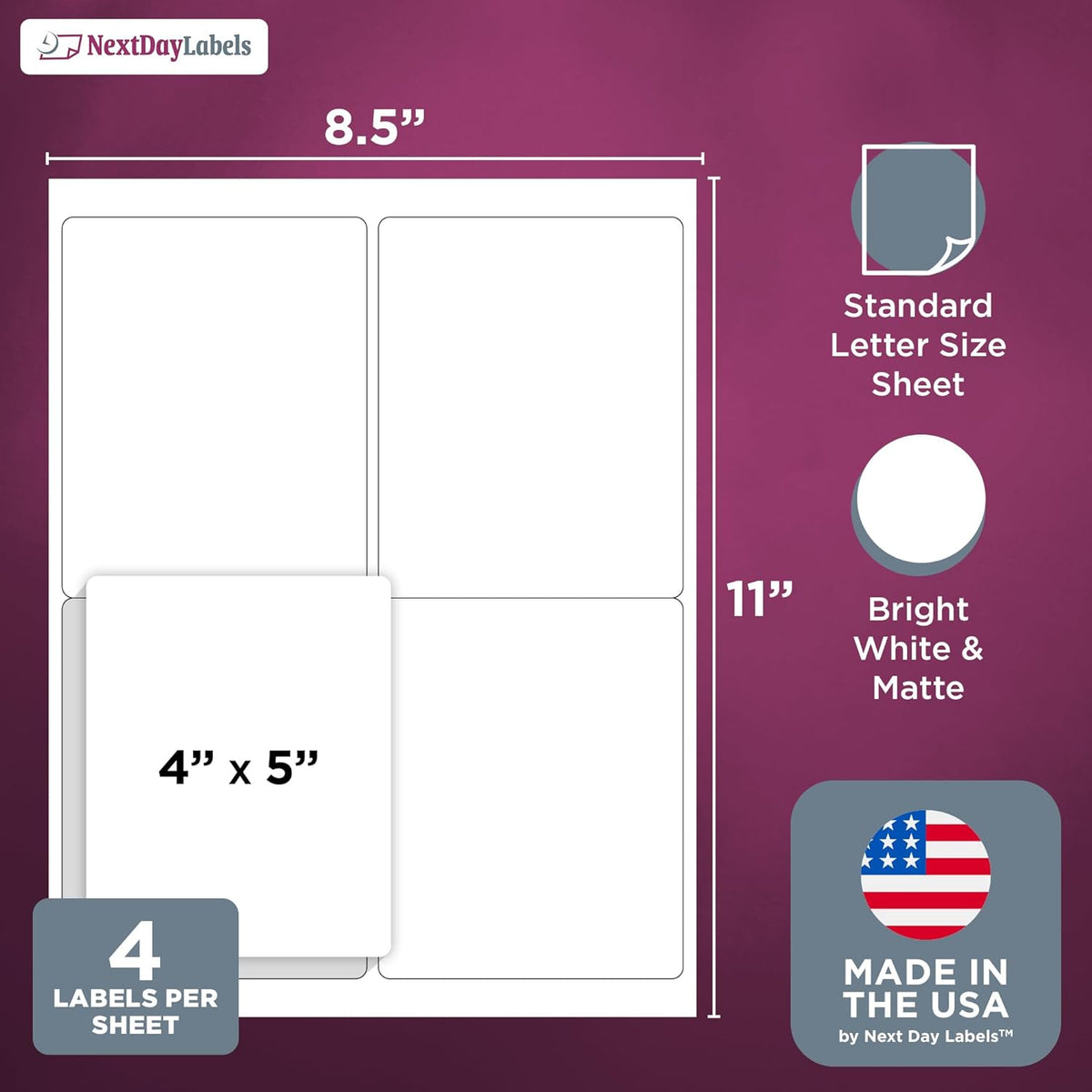 8-1/2" x 11", 4 Labels, per Sheet,4" x 5"
