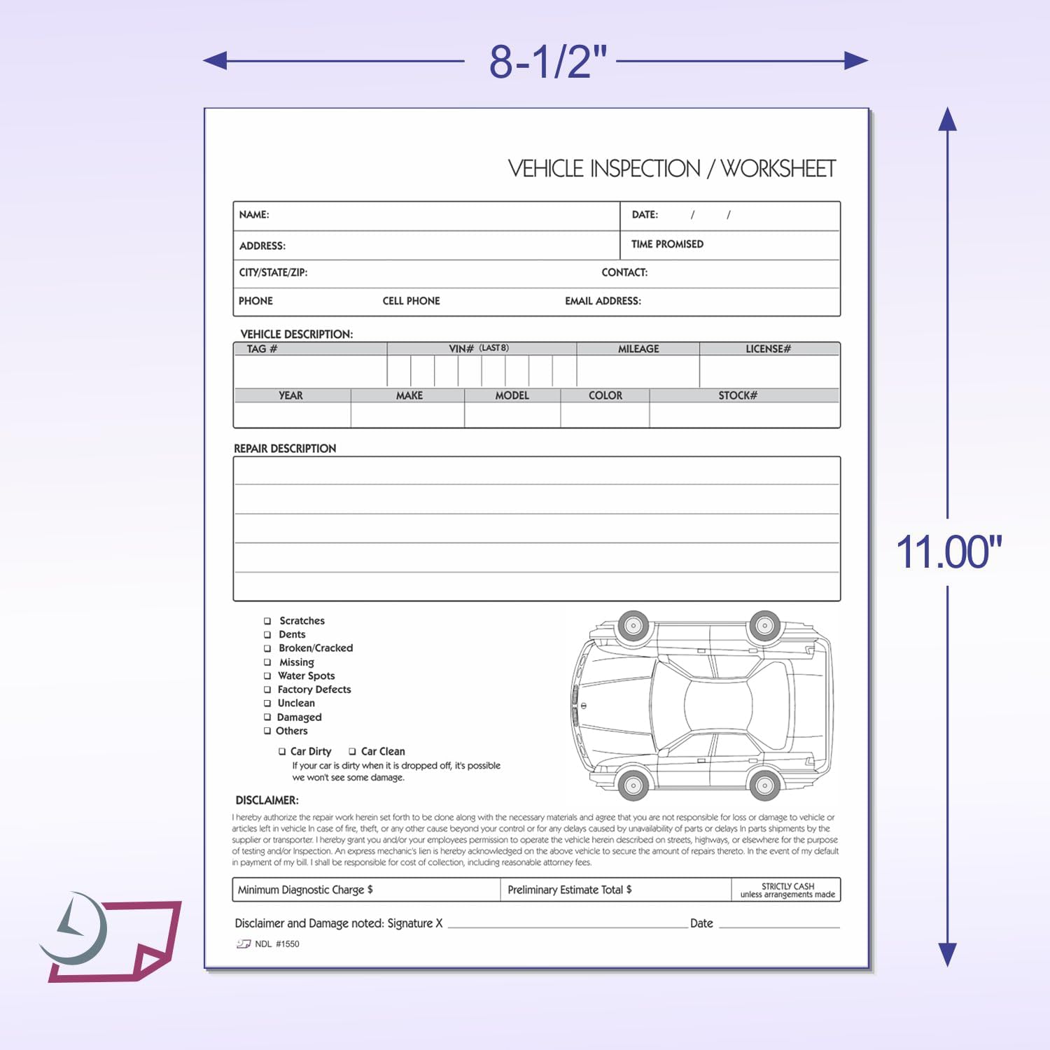 8-1/2 x 11" Vehicle Inspection Worksheet for Auto Haulers, 2 Part Carbonless Form.