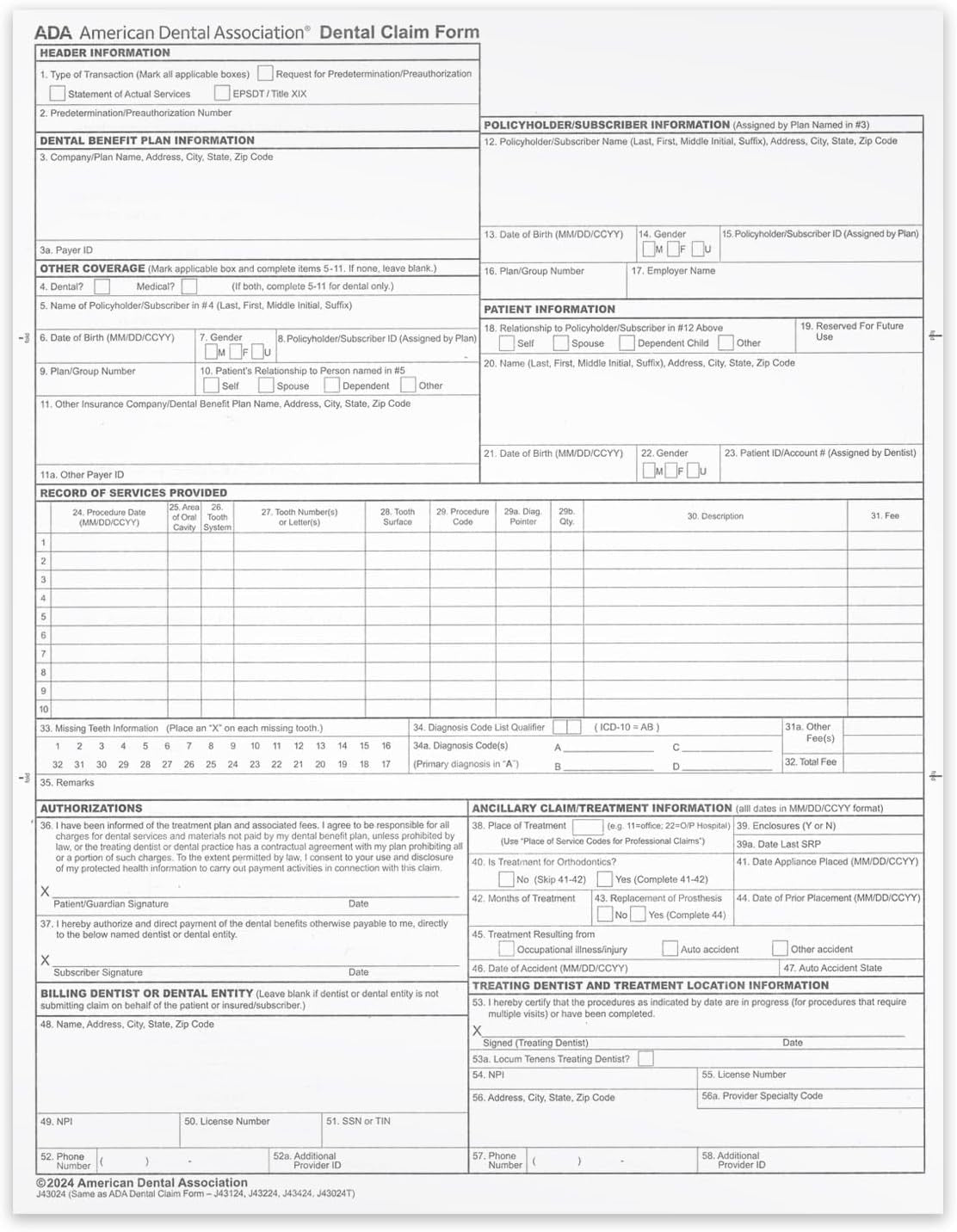 ADA Dental Insurance Claim Forms, 8-1/2 x 11", For Laser & Inkjet