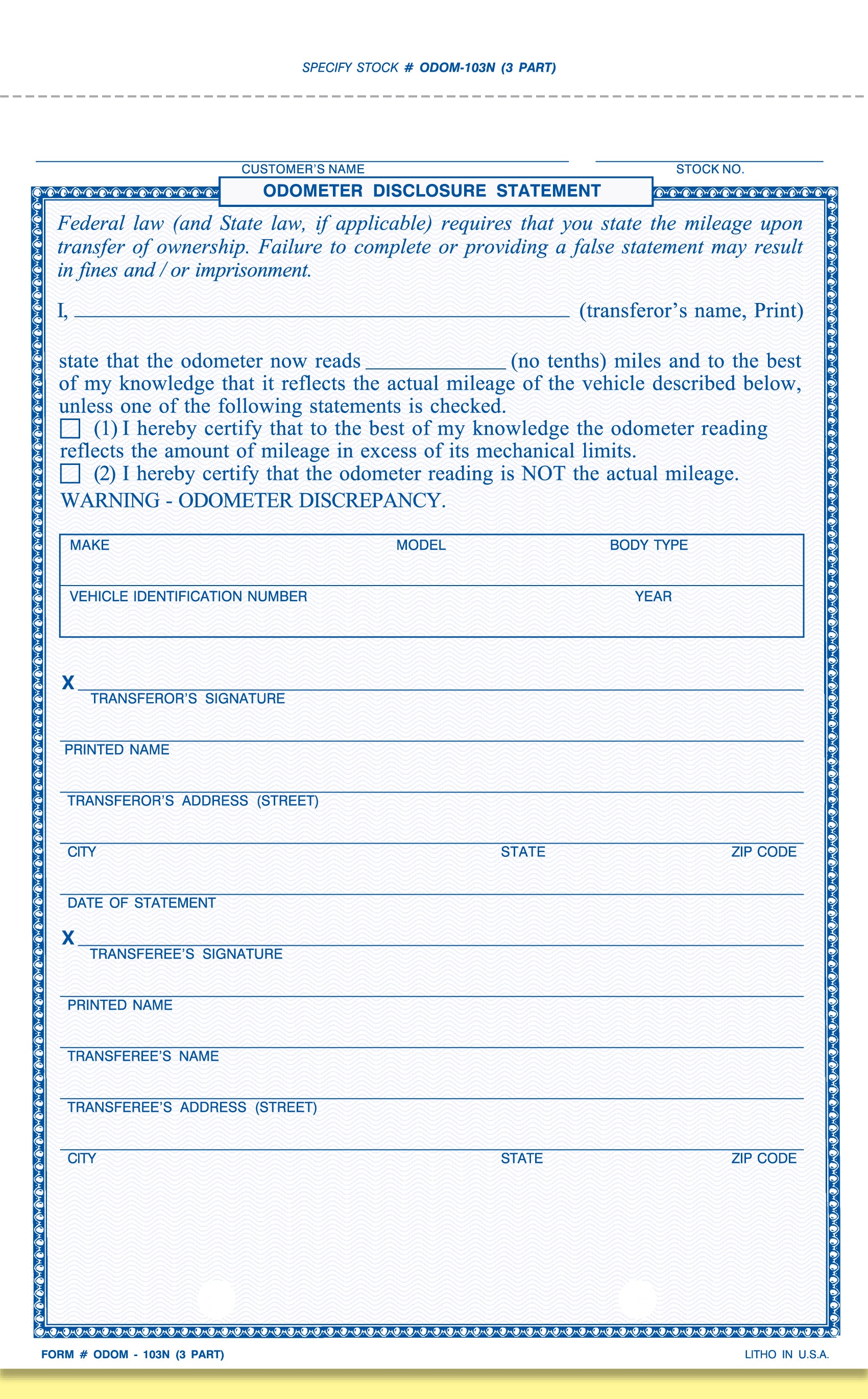 5 2/3" x 8 1/2", 3-4 Part Odometer Disclosure Statement