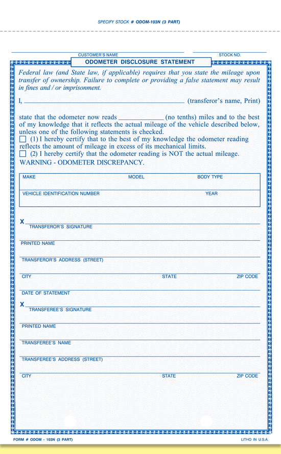 5 2/3" x 8 1/2", 3-4 Part Odometer Disclosure Statement