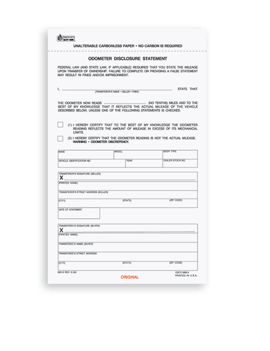 5 2/3" x 8 1/2", 3-Part Odometer Disclosure Statement