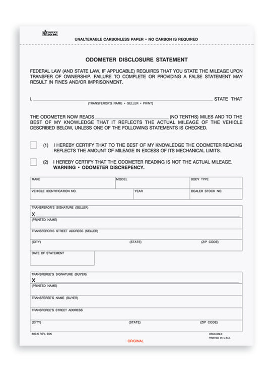 8-1/2 x 11", 3-Part Odometer Disclosure Statement