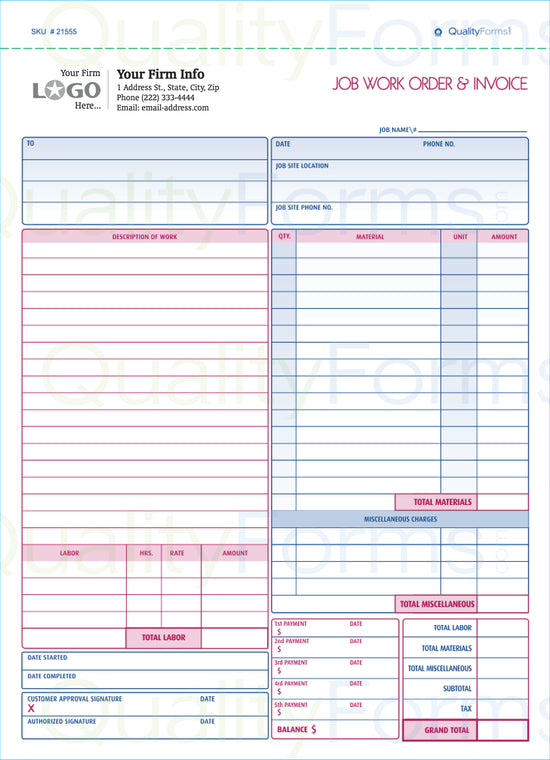 Job Work Order, Invoice & Grid Sheet,With Imprint, 2 Part Carbonless