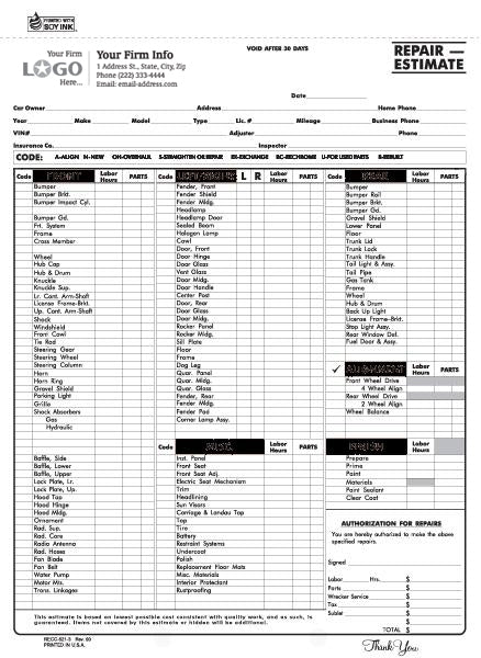 8 1/2" x 11", Repair Estimate Form