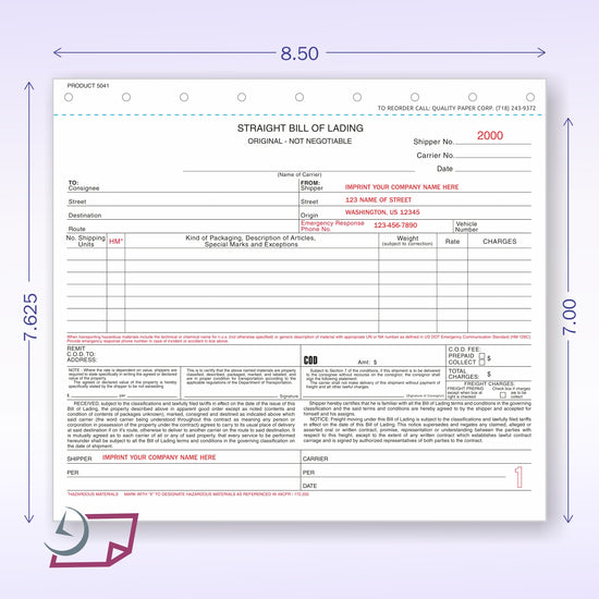 Straight Bill of Lading - WITH CO. NAME IMPRINT -