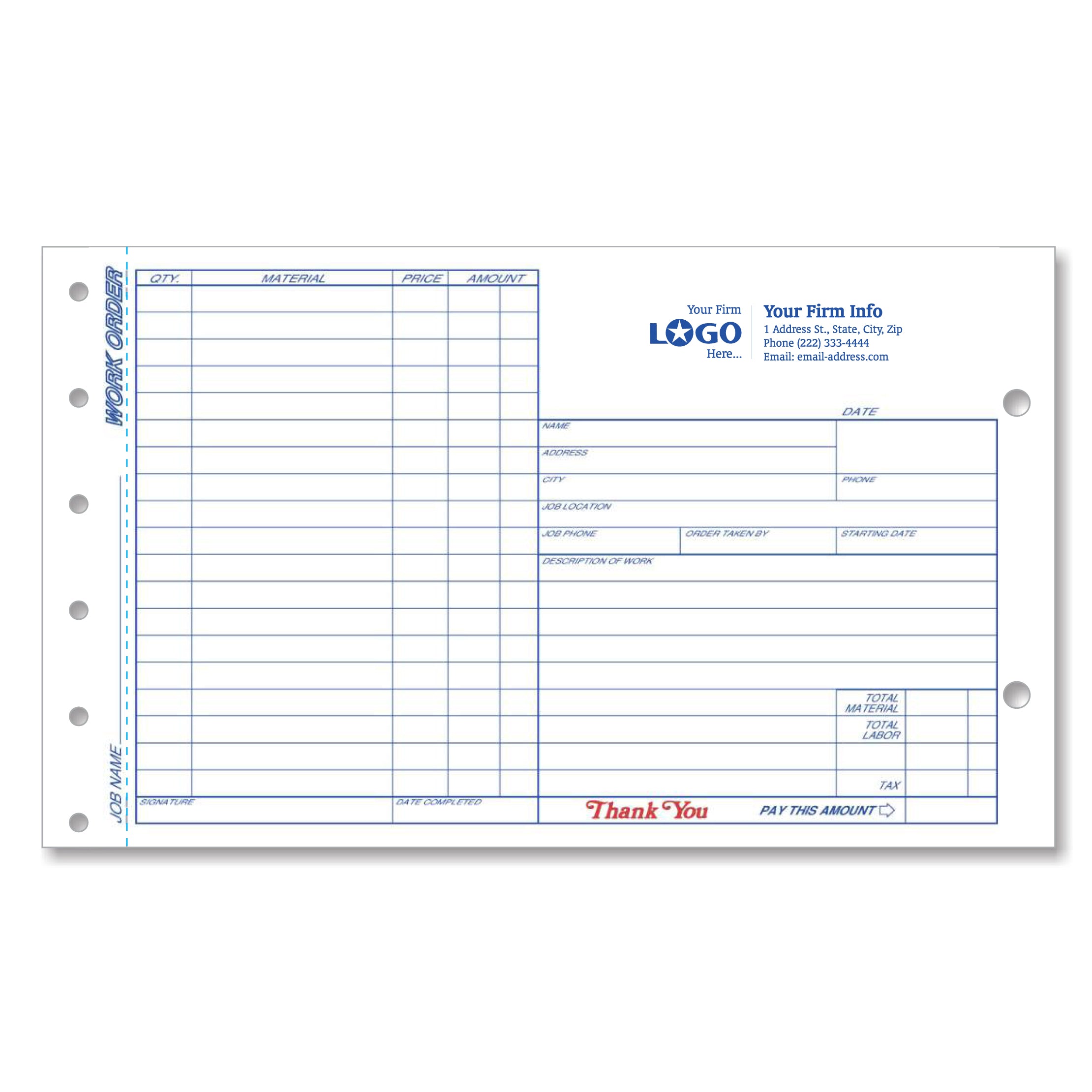 Job Work Order, Side Stub, 8 1/2 X 5 2/3"